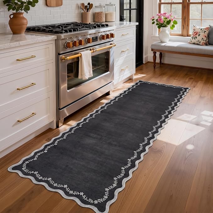 GarveeHome 2.5x8 Scalloped Washable Runner Rug Non Slip Hallway Kitchen Rug | Soft Long Hall Runner Black Entryway Rug Farmhouse Thin Laundry Mat Stain Resistant Carpet for Bathroom Beside Rug