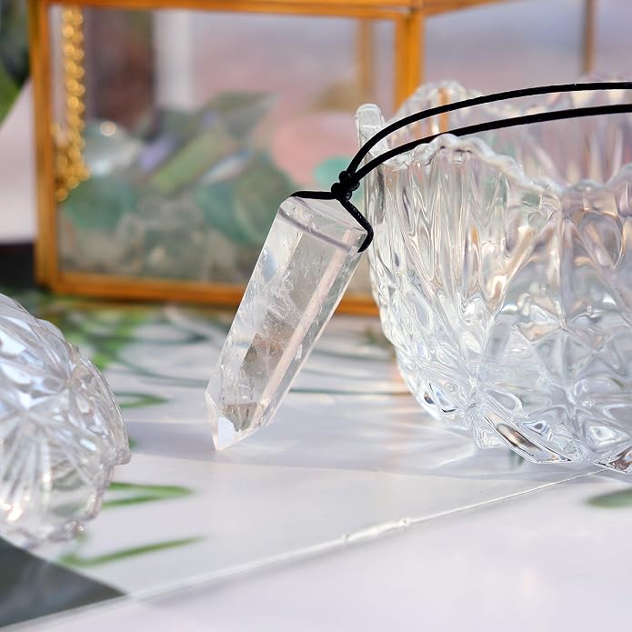 Runyangshi Healing Crystal Pendants, Single Pointed Natural Crystal Quartz Necklace 6 Faceted Chakra Crystal Wand Stone Reiki Energy