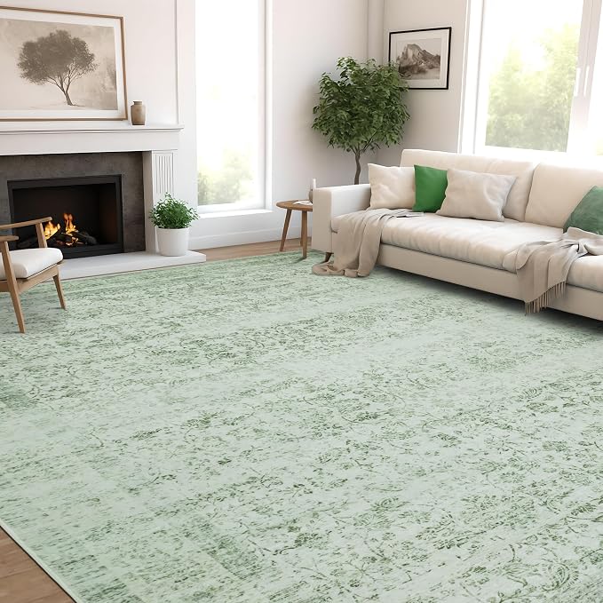 5x7 Vintage Washable Area Rug, Light Green | Living Room,Low Pile Non Slip Carpet Non-Shedding,Soft Indoor Stain Resistant ,Floral Print Mat for Bedroom Dining Room
