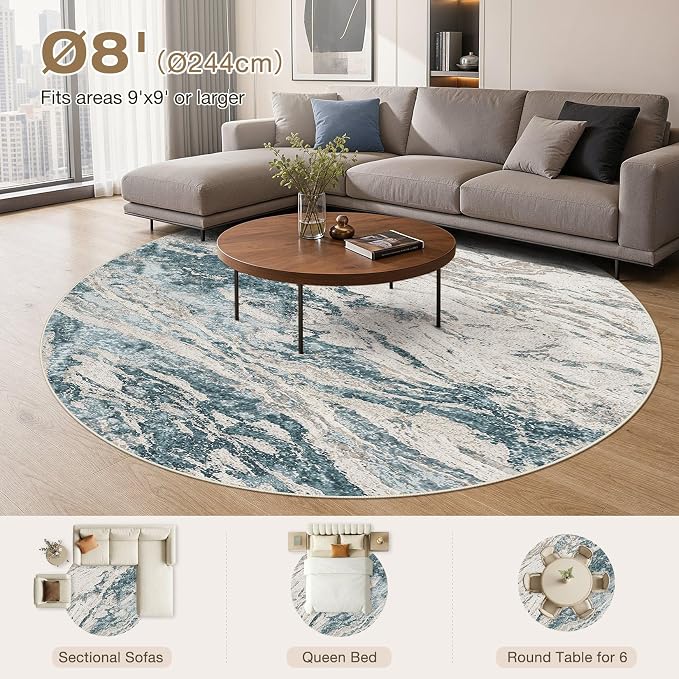 Area Rugs for Living Room: 8ft Round Abstract Washable Rug Modern Neutral Large Soft Stain Resistant Non-Slip for Bedroom Dining Room Indoor Home Office Carpet - Blue Brown