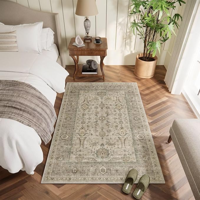 Washable 2x3 Entryway Rug, Boho Vintage Non-Slip Door Mat, Flaxen/Tan | 0.3" Neutral Throw Small Rugs for Bedroom Kitchen Nursery Entrance, Cushioned for High-traffic Area