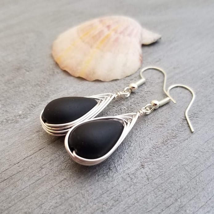Handmade Sea Glass Earrings, Hawaiian Jewelry, Wire Braided Earrings Teardrop Earrings, Beach Jewelry Sea Glass Jewelry For Women Birthday Gift