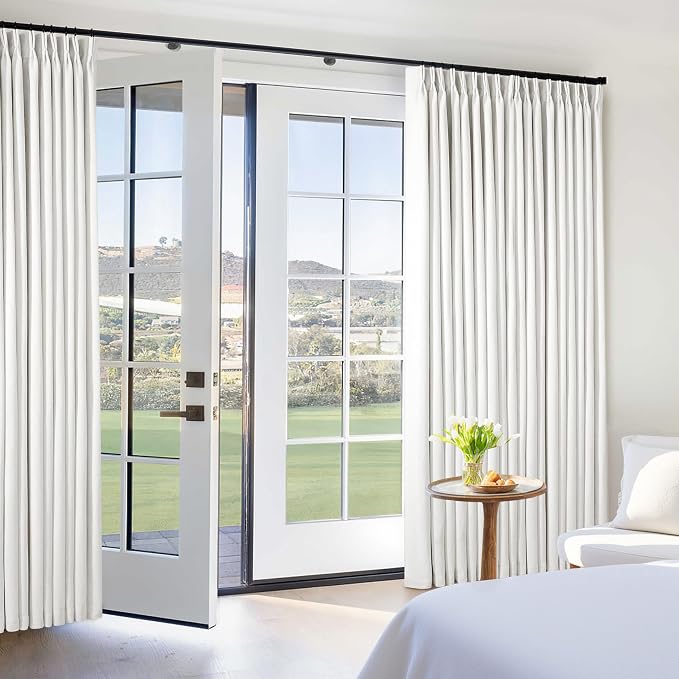 Beige White Pinch Pleated Blackout Linen 84 Inch Long Curtains 60 Inch Wide | 100% Black Out, Memory Trained, Pinch Pleat with Back Tab, Energy Efficient, Thermal Insulated Window Drapes W60xL84 1 Panel