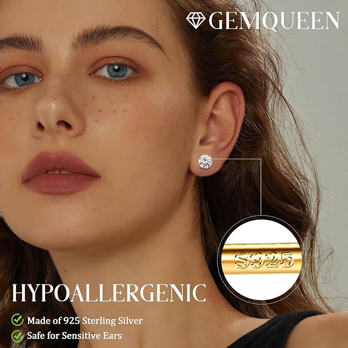 Moissanite Stud Earrings : 18K White Gold Plated Solid 925 Sterling Silver Earring Hypoallergenic Dainty Flat Back Stud Earrings Jewelry for Women Men D Color VVS1 Clarity
