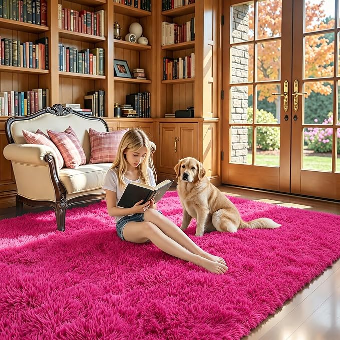 Area Rugs 10x14 Living Room, Shaggy Carpet Soft Plush Furry Bedside Rug Large Area Rugs for Bedroom Home Decor Anti Slip(10 x 14, Hot Pink)
