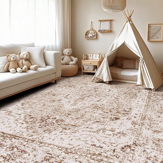 Lofus 6x9 Area Rugs for Living Room, Washable Area Rug, Rugs for Bedroom, Kitchen, Vintage Boho Carpet, Soft Non-Slip, Low Pile Large Area Rug for Office Dining Room, Vintage Beige Brown