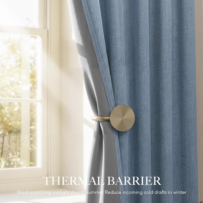 RYB HOME Linen Texture Curtains for Bedroom, 100% Blackout Thermal Insulated Curtains, Rod Pocket&Back Tab Room Darkening Drapes Luxury Decor for Living Room Nursery, W52xL96, 2 Panels, Smoky Blue