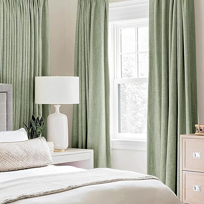 MIULEE Linen Texture Curtains for Bedroom Solid 100% Blackout Thermal Insulated Sage Green Curtains Grommet Room Darkening Drapes for Living Room 52x96 Inch (2 Panels)