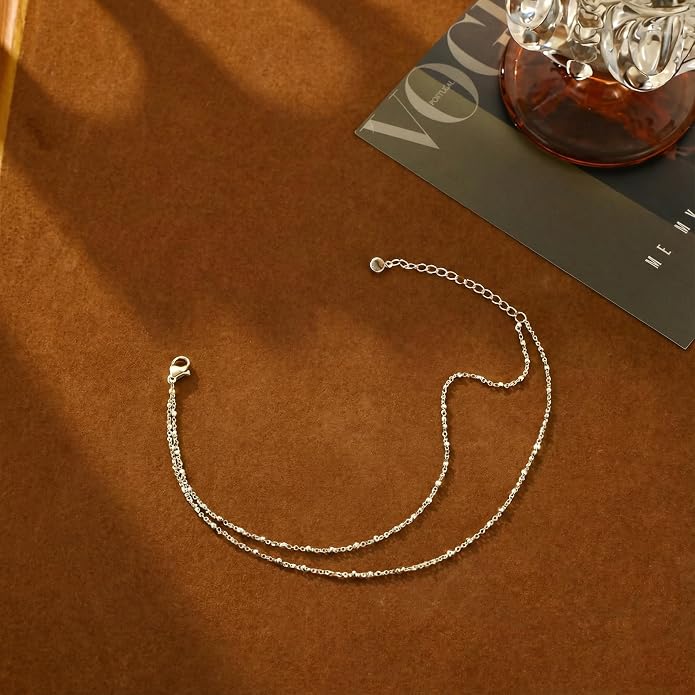 Pencros Dainty Layered Anklet,14K Gold Filled Cute Beads Satellite Chain Heart Boho Adjustable Anklets for Women