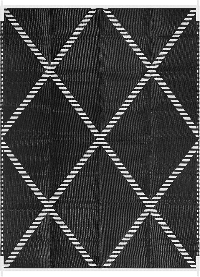 Lahome 9x12 Outdoor Rug Waterproof, Plastic Straw Reversible Outdoor Patio Rug, Modern Portable Outside Camping Mats for Balcony Tent Deck Backyard, Black 9'x12'