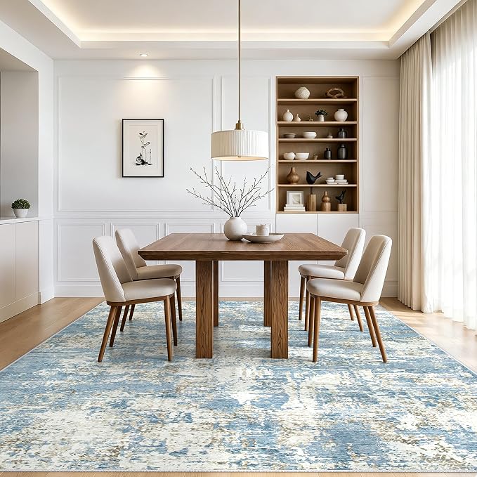 9x12 Area Rugs Living Room Rug Modern Abstract Neutral Washable Rugs Non Slip Soft Carpet Large Area Rug Low Pile Stain Resistant Non Shedding for Bedroom Nursery Dining Room Home Office Blue