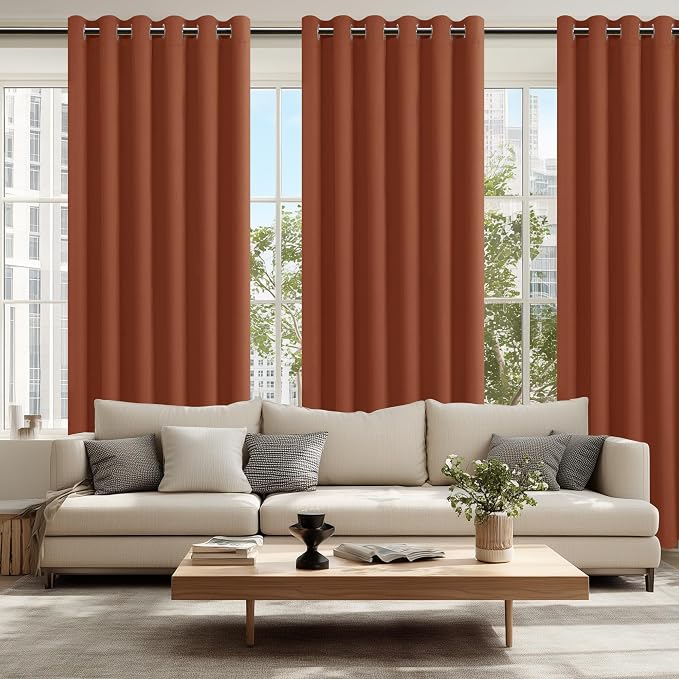 Hiasan Fall Grommet Blackout Curtains for Bedroom, 70 x 84 Inches - Thermal Insulated & Light Blocking Window Drapes for Living Room/Dorm Room, Set of 2 Panels Sewn with Tiebacks, Burnt Ochre