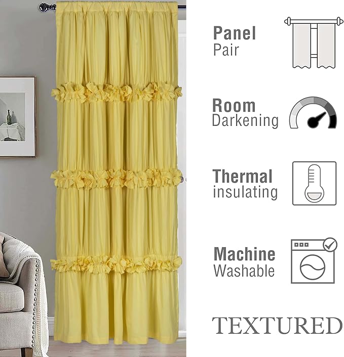 Homechoice Decor Blackout Window Curtains Bright Yellow, 54"W x 84"L(Pair) | Boho Ruched Thermal Insulated Window Treatments with 3 Rows of Butterfly Flowers, Rustic Rod Pocket Drapes (LQ-30)