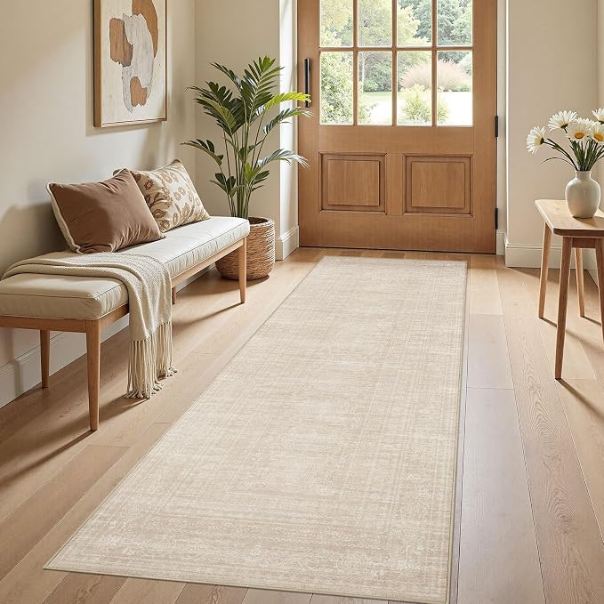 Nakagishi Washable Runner Rug 2x6: Vintage Neutral Non-Slip Entryway Rug for Hallway & Kitchen, Soft Low Pile Floor Carpet for Bedroom - Beige