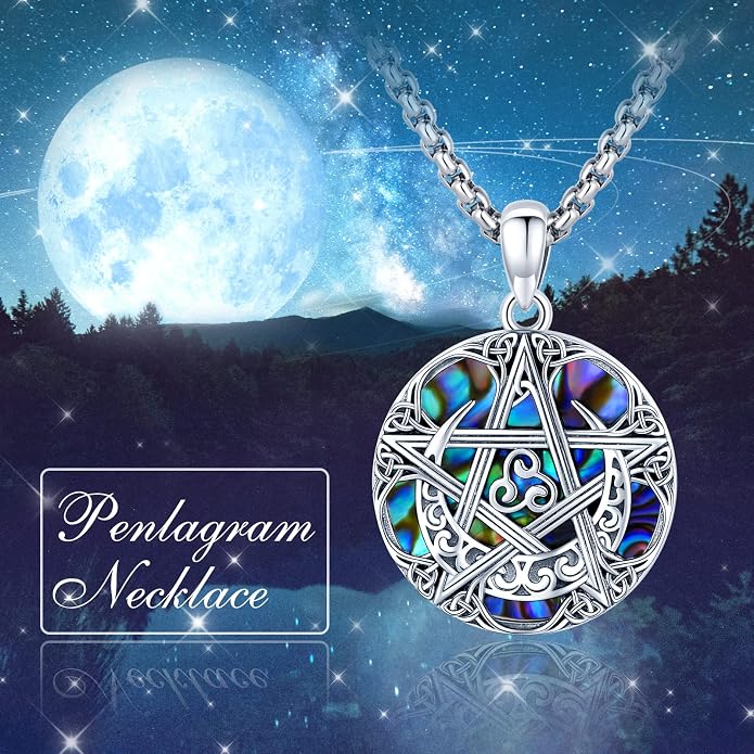 Pentagram Necklace Sterling Silver Triple Moon Goddess/Celtic Knot Witches Knot/Ankh/Sun and Moon/Hecate/Lilith/Santa Muerte/Tetragrammaton Pendant Necklace Pagan Wiccan Magic Egyptian Amulet Jewelry for Women Men