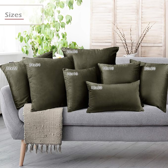 Nestl Throw Pillow Covers, Cozy Velvet Decorative Pillow Cases 24 x 24 Inches, Soft Solid Couch Pillow Covers for Sofa, Bed and Car, Set of 2 - Khaki