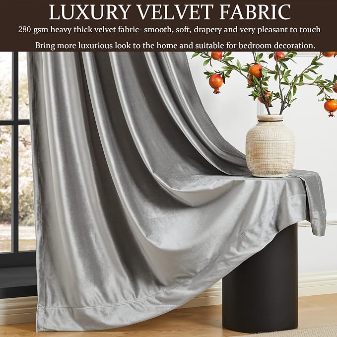 100% Full Blackout Silver Grey Velvet Curtains 108 inch Long for Living Room,Set of 2 Panels Liner Rod Pocket Back Tab Thermal Window Curtains Room Darkening Heavy Decorative Drapes for Bedroom