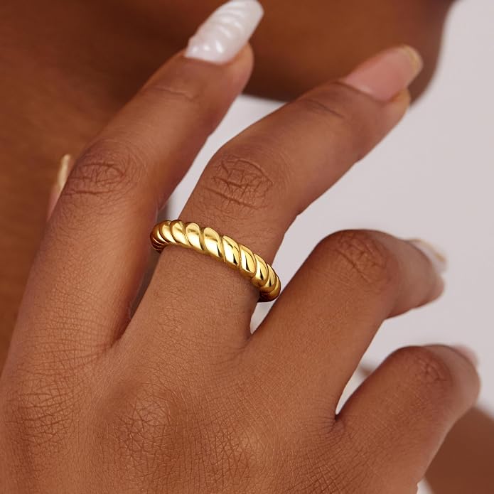 Non Tarnish Gold Chunky Rings for Women, 14K Gold Plated Statement Dome Rings Stacking Silver, Adjustable Mens Eternity Wedding Band Mixed Metal Jewelry Size 3-13