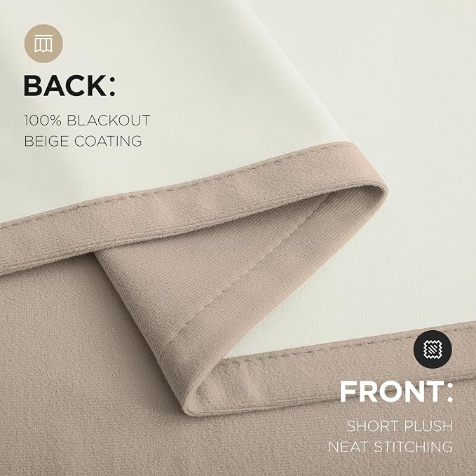 Joydeco 100% Blackout Velvet Curtains Beige 72 Inch Back Tab | Luxury Thermal Insulated Velvet Curtains for Bedroom Living Room, Soundproof Blackout Window Drapes