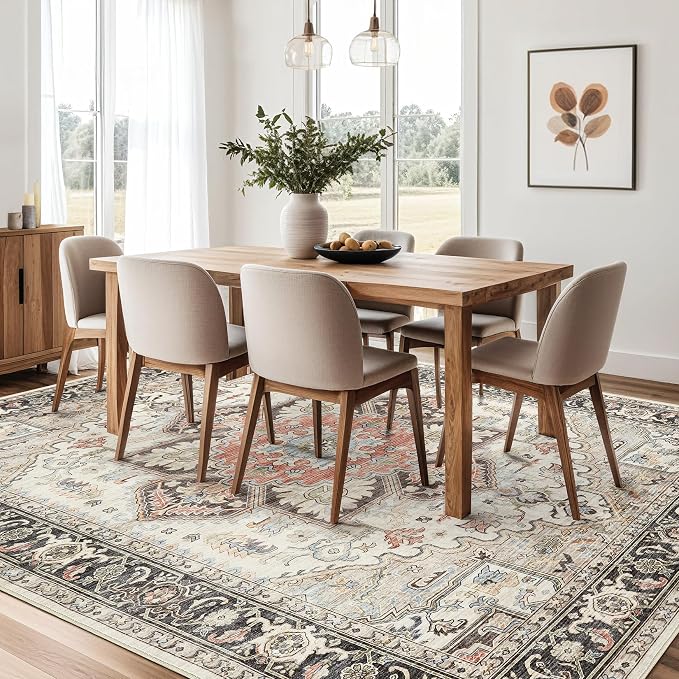 Area Rug for Living Room - 8x10 Soft Machine Washable Oriental Vintage Floral Distressed Large Indoor Floor Carpet for Bedroom Under Dining Table Home Office Decor - Multi Cream
