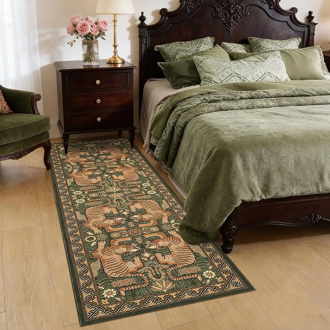 GarveeHome Tiger Print 2'6"x8' Washable Non Slip Runner Rugs for Hallways, Boho Green Kitchen Runner Ultra Thin Soft Vintage Tribal Indoor Throw Floor Carpet for Entryway Bedroom Bathroom