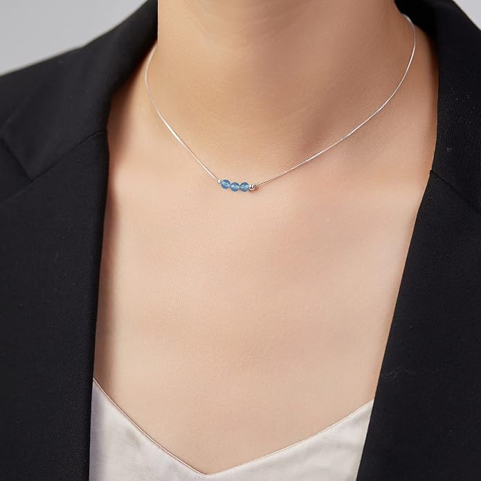 Dainty Crystal 925 Sterling Silver Choker Collar Necklace Handmade With 3 Beads Birthstone Jewelry Gifts for Women Young Lady Mother Friends Keenove