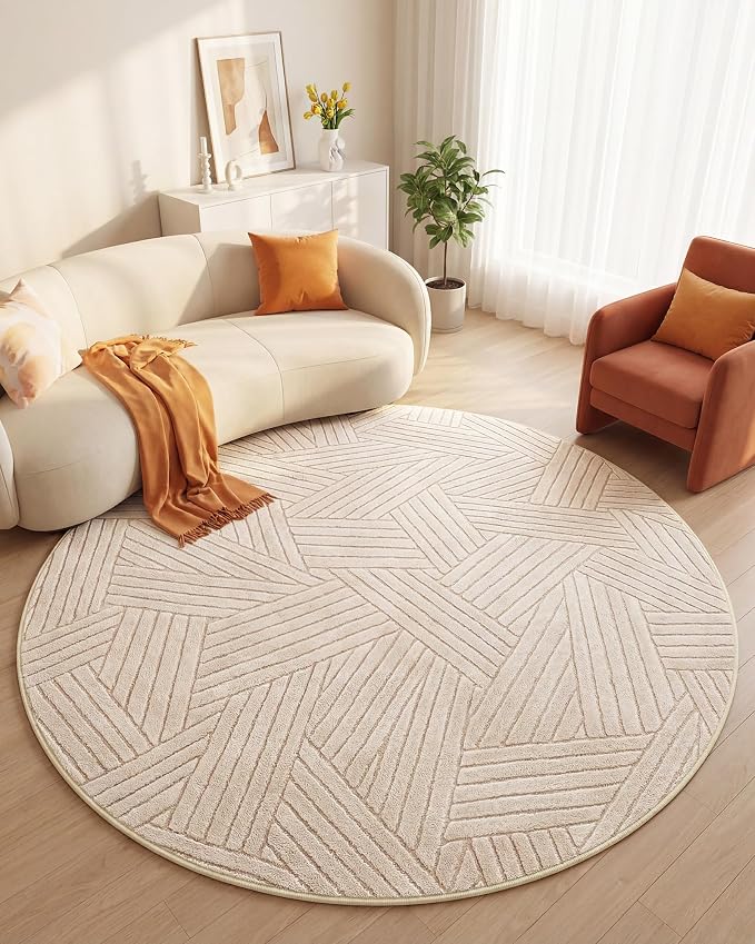 Carvapet 6.5' Round Rug Washable High Low Pile Area Rug Soft Plush Beige Carpet for Living Room Bedroom Non Slip Indoor Floor Rug for Home Kids Nursery Decor