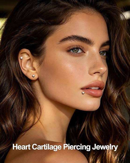 Jewseen 16G Internally Threaded Helix Piercing Jewelry Heart Flat Back Cartilage Stud 925 Sterling Silver Tragus Helix Earrings Heart Nose Lip Piercing Jewelry for Women Men