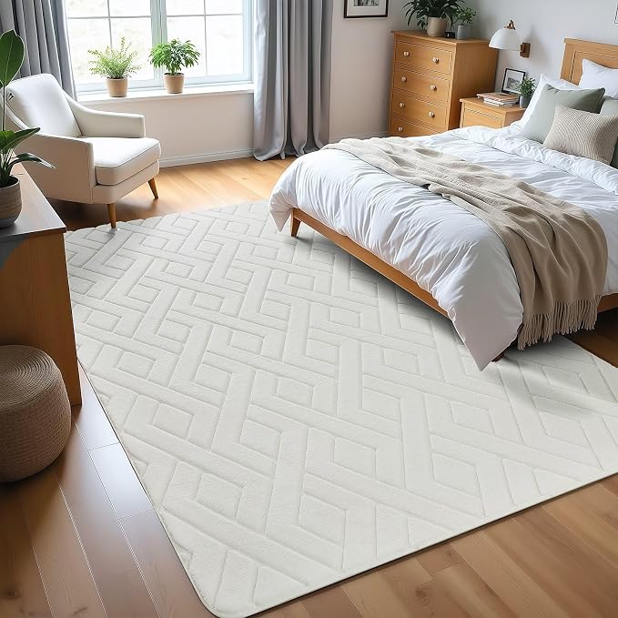 Macgace Ultra Soft Cream White Area Rug for Living Room, 5x7 Modern Geometric Shag Rugs with Nonslip Backing for Bedroom, Washable Fuzzy Carpet for Cozy Kids Girls Room