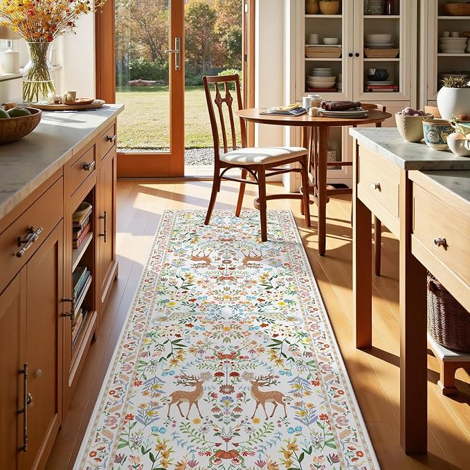 White Floral 2'6"x8' Washable Non Slip Runner Rugs for Hallways, Non Skid Stain Resistant Rug Runners for Kitchen, Entryway, Mudroom - Cottagecore Home Decor