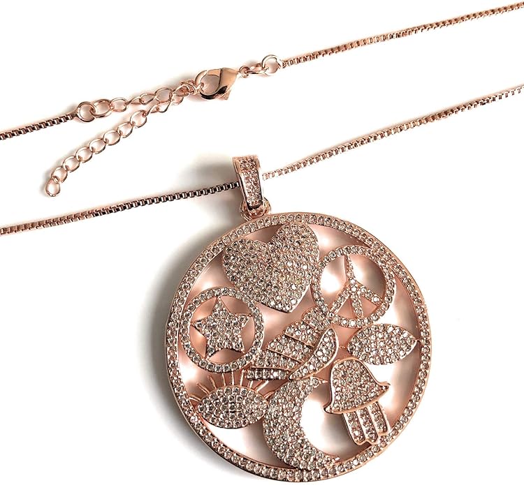 SIFRIMANIA Large Symbol Charm Necklace 18K Rose Gold Plated 18–20 Inch Adjustable Box Chain Round CZ Statement Pendant