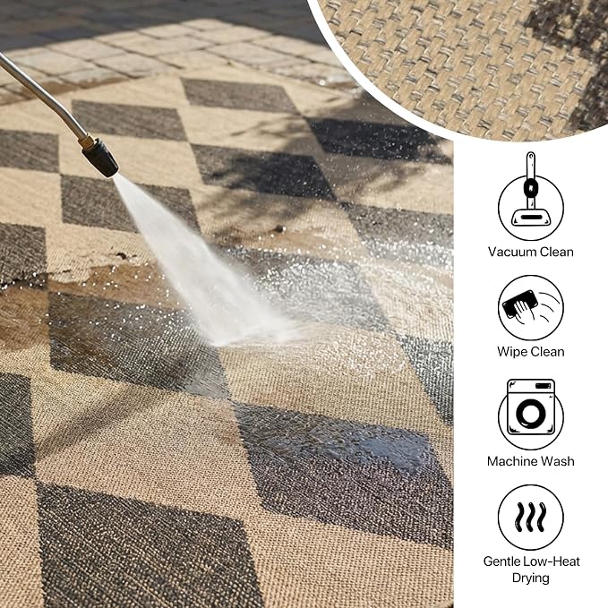 GENIMO Indoor Outdoor Area Rug 6'x9', Checkered Easy Jute Rug Machine Washable, Easy-Cleaning, Non Slip Geometric Diamond Outdoor Carpet for Patio, Living Room, Backyard, Porch, Deck, Balcony