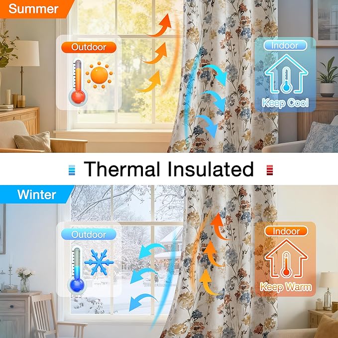 MYSKY HOME 100% Blackout Linen Floral Curtains 63 Inch Long 2 Panels for Bedroom Farmhouse Flower Patterned Double Layer Thermal Insulated Black Out Grommet Window Treatments, Yellow, 52" W Each Panel