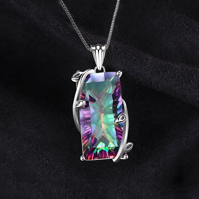 JewelryPalace Multicolor Luxurious 15.2ct Rectangle Genuine Mystic Quartz Pendant Necklaces for Women, 14K White Yellow Rose Plated Gold 925 Sterling Silver Natural Gemstones, 18 Inches Chain