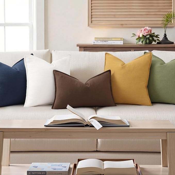 decorUhome Fall Brown Linen Throw Pillow Covers 12x20 Set of 2 | Decorative Soft Cozy Modern Farmhouse Boho Accent Pillow Cases with Flange Edges for Couch Bed Sofa Living Room Home Decor