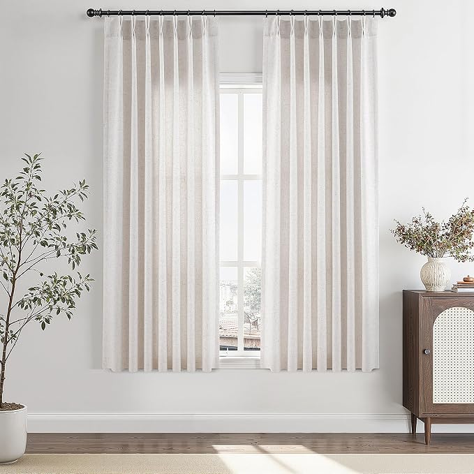 Aersas Beige White Pinch Pleated Linen Curtains 63 Inch Length 2 Panels for Living Room Bedroom Semi Sheer Window Curtain Boho Neutral Back Tab Pinch Pleat Drape with Hooks 40x63
