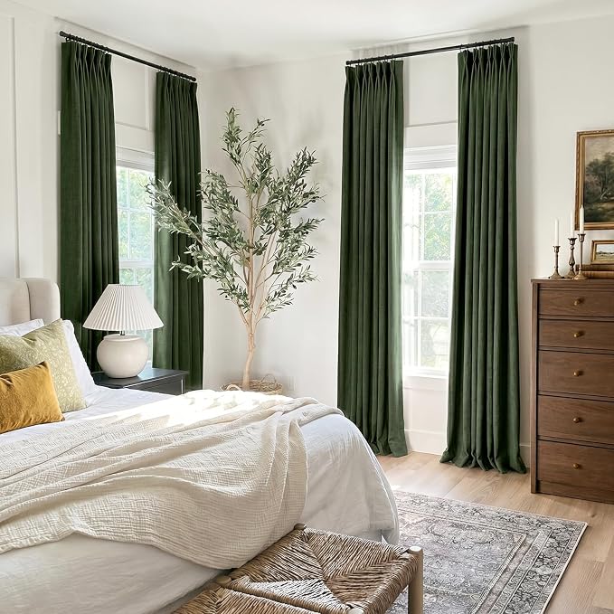 CAPALOCA Loden Green Linen Pinch Pleated Curtains Blackout, 100% Black Out Curtains 102 inch Long for Bedroom, Blackout Thermal Insulated Pinch Pleated Drapes for Living Room, 40" W x 102" L, 2 Panels