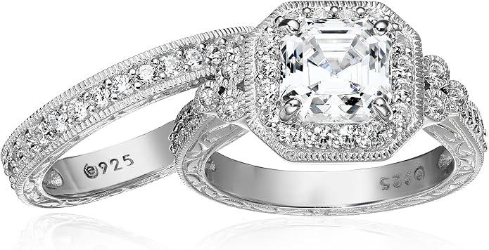 Amazon Essentials Platinum or Gold Plated Sterling Silver Antique Ring set with Asscher-Cut Infinite Elements Cubic Zirconia