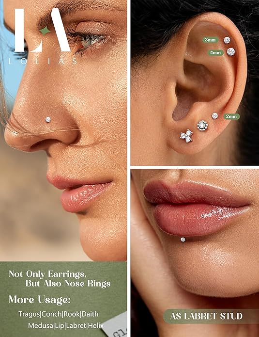 LOLIAS 16G 18G Flat Back Stud Earrings for Women - Hypoallergenic Surgical Steel Internal Thread Stud Piercing Jewelry for Tragus Helix Cartilage Conch Nose 6MM 8MM 10MM Lip Labret Medusa Piercing