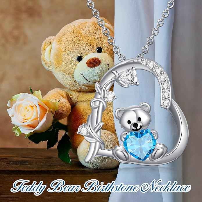 PELOVNY Teddy Bear Necklace for Women 925 Sterling Silver Bear/Highland Cow/Fox/Cat/Axolotl Birthstone Necklace Christmas Birthday Jewelry Gifts for Mom Daughter Wife Sister