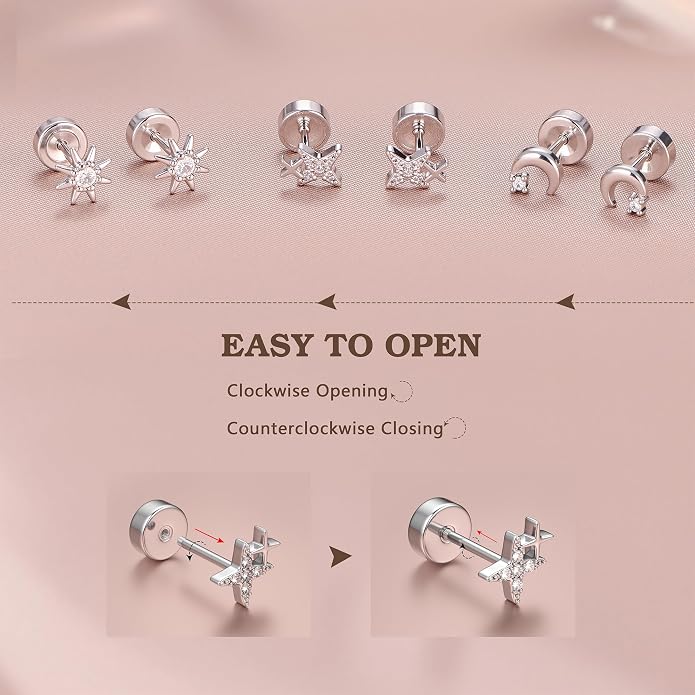 14K Gold Plated Solid 925 Sterling Silver Post Flat Back Earrings Stud | Cartilage Helix Conch Tragus Piercing Jewelry 3 Pairs Tiny Screw Dainty CZ Opal Earring Set Men Women