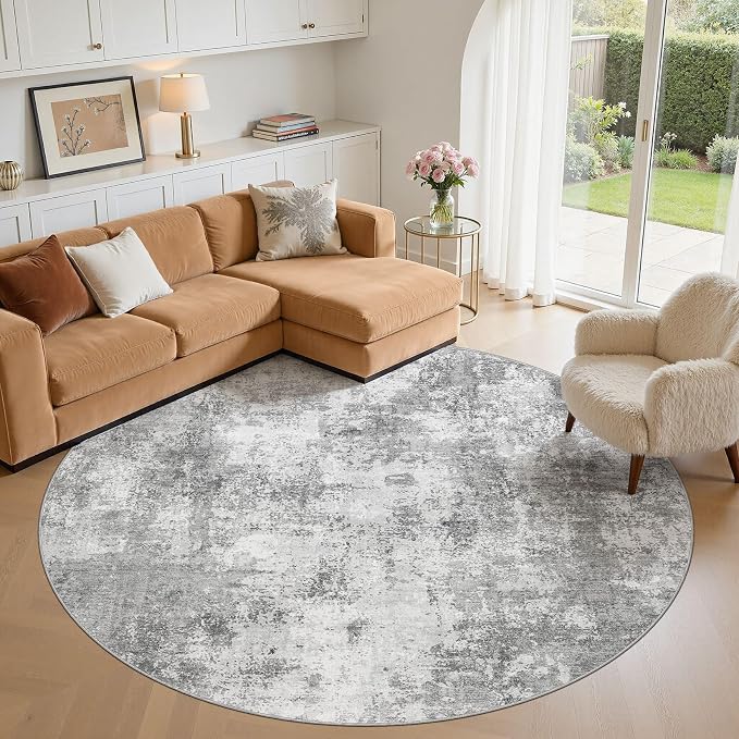 8ft Round Area Rugs for Living Room, 8x8 Washable Non Slip Soft Large Rugs for Bedroom Dining Room, Modern Abstract Low Pile Stain Resistant Carpet for Laundry Office Home Decor - Gray