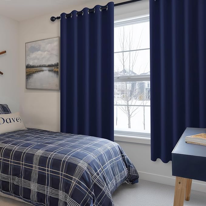 Hiasan Grommet Blackout Curtains for Bedroom, 60 x 72 Inches - Thermal Insulated & Light Blocking Window Drapes for Living Room/Dorm Room, Set of 2 Panels Sewn with Tiebacks, Navy Blue