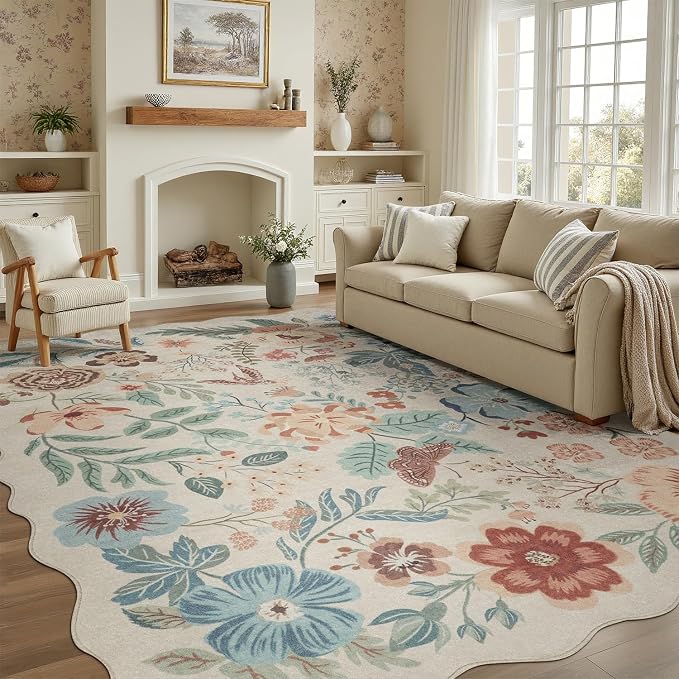 DCX Vintage Floral Rug 6x9, Washable Beige Rug for Living Room, Kid & Pet Friendly with Rubber Back Non Slip, Soft Low Pile Carpet, Stain Resistant Rug for Bedroom, Nursery, Dining Room