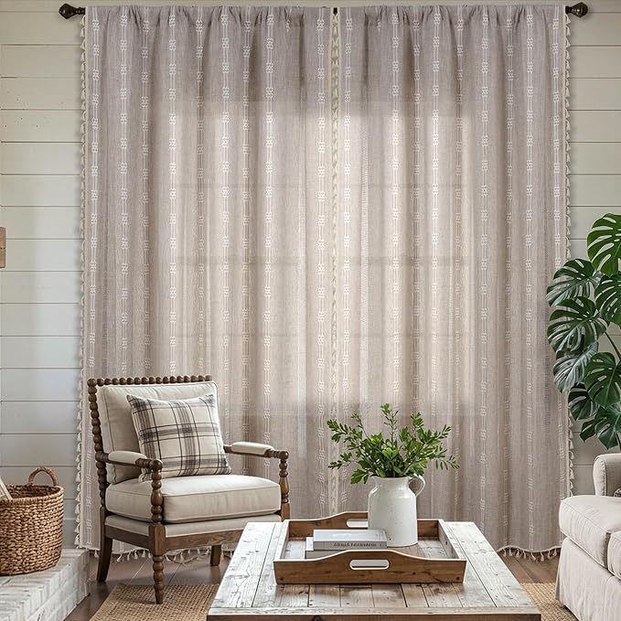 ColorBird Boho Curtains Linen-Textured for Living Room Bedroom Light Filtering 84 Inches Natural Brown Farmhouse Curtains & Drapes Embroidered Striped for Dining Closet Dooraway Window Treatment
