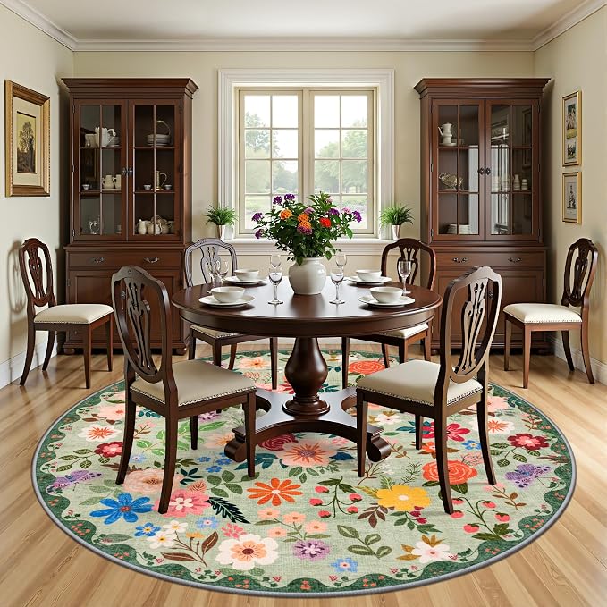 Round Area Rug for Living Room: 8 ft Floral Washable Circle Rug Soft Boho Non-Slip Carpet Indoor Floor Stain Resistant Low Pile Small Circular Rug for Bedroom Entryway Kitchen Nursery Green