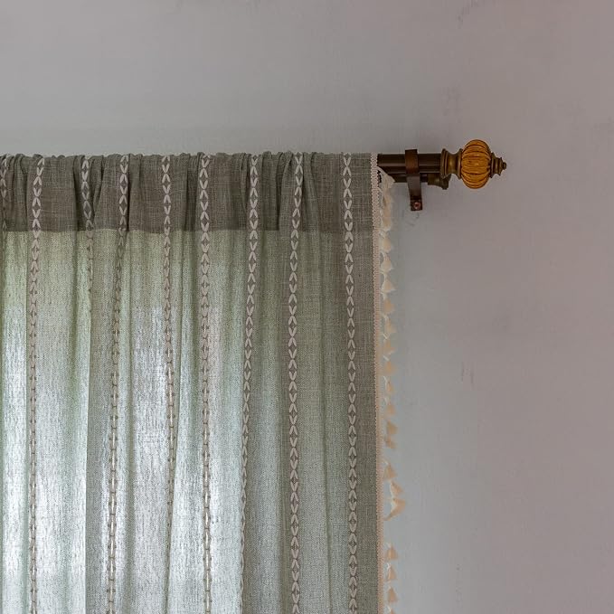 Boho Embroidered Linen Curtains - 96 Inch Long, 2 Panels, Sage Green, Farmhouse Style, Bohemian, Light Filtering for Bedroom & Living Room (52" W x 96" L)