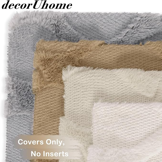 decorUhome Set of 4 Faux Fur Throw Pillow Covers 18x18(Cream/Khaki) | Neutral Decorative Soft Plush Couch Pillow Covers, Farmhouse Pillow Cases for Living Room Bed Sofa