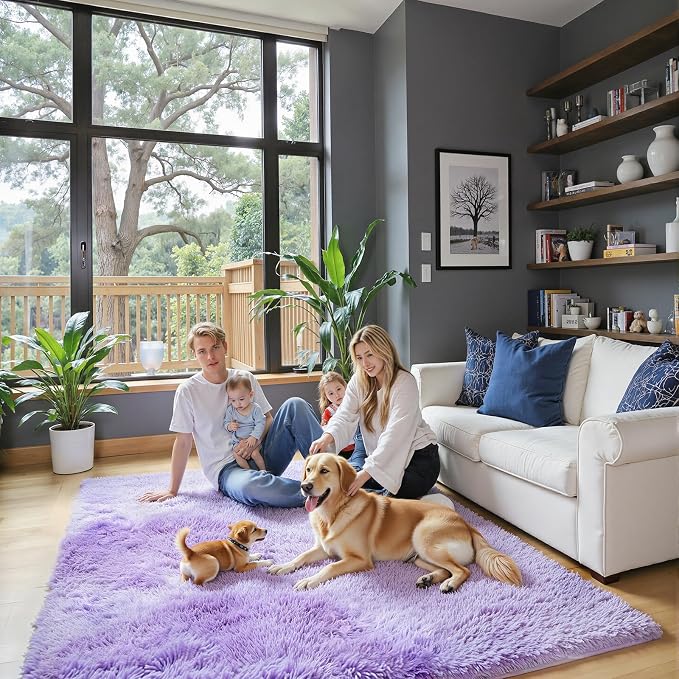 Rugs for Bedroom 4x6, Alfombras para Salas Shag Plush Soft Area Rug, Shaggy Carpets for Livingroom,Home Decor Aesthetic(4 x 6, Purple Starry)