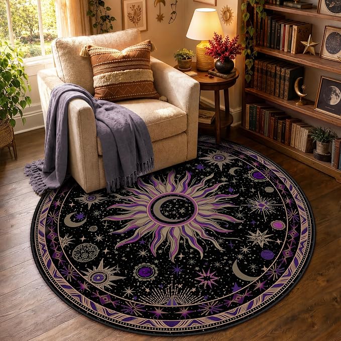 Vacuum-Friendly, Round 4ft Washable Area Rug, Black Purple Beige | Sun and Moon Boho Gothic Non-Slip Low Pile Living Roon Bedroom Dining Room Kitchen Entry Entryway Entrance Hallway Doormat